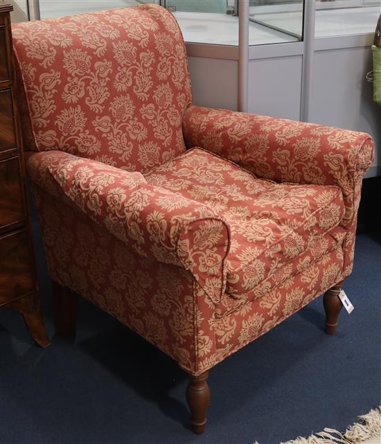 A pair of armchairs, with foliate patterned russet upholstery